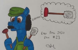 Size: 1081x694 | Tagged: safe, artist:rapidsnap, oc, oc only, clothes, facial hair, luigi, moustache, overalls, plumber, plunger, solo, toilet brush, traditional art