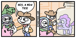 Size: 1000x500 | Tagged: safe, artist:stonetoss, derpibooru import, pinkie pie, earth pony, pony, buzz lightyear, comic, female, jar, lewd container meme, male, mare, this will end in tears, toy, toy story, woody