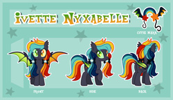 Size: 4100x2370 | Tagged: safe, artist:oyks, oc, oc:ivette nyxabelle, bat pony, bat pony oc, bat wings, bow, reference, reference sheet, vector, wings