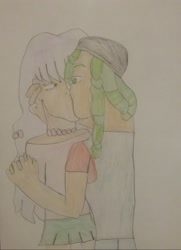 Size: 1563x2154 | Tagged: safe, artist:jaredking203, sandalwood, oc, oc:brittany, human, canon x oc, clothes, female, hat, holding hands, humanized, jewelry, kissing, male, necklace, pearl necklace, shipping, skirt, straight, traditional art