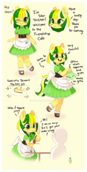 Size: 800x1579 | Tagged: safe, artist:ipun, oc, oc only, oc:star stitcher, anthro, earth pony, unguligrade anthro, anthro oc, arm hooves, chibi, clothes, deviantart watermark, female, food, friendship cafe, glasses, maid, mare, obtrusive watermark, pie, solo, watermark