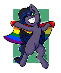 Size: 2221x2638 | Tagged: safe, artist:cleoziep, oc, oc:kuro, bat pony, dragon, hybrid, pride, pride flag, rainbow flag