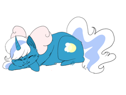 Size: 1112x834 | Tagged: safe, artist:albinocrane, oc, oc:fleurbelle, pony, unicorn, behaving like a cat, bow, female, hair bow, mare, simple background, sleeping