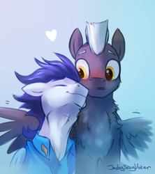 Size: 1779x2000 | Tagged: safe, artist:jedayskayvoker, soarin', thunderlane, pegasus, pony, blue background, blushing, chest fluff, clothes, cute, eyes closed, floppy ears, folded wings, gay, heart, male, nuzzling, open mouth, shipping, shirt, signature, simple background, sketch, smiling, soarilane, soarinbetes, spread wings, stallion, thunderbetes, uniform, wings, wonderbolts, wonderbolts dress uniform