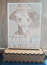 Size: 1024x1412 | Tagged: safe, artist:themisto97, daring do, pegasus, pony, acrylic plastic, acrylight, craft, engraving, female, grin, hat, hope poster, lasercut, led, mare, nightlight, photo, smiling, solo, text