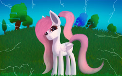 Size: 8000x5000 | Tagged: safe, artist:graphictoxin, oc, oc only, oc:jellybean, pegasus, pony, absurd resolution, blank flank, closed wing, cute, error, female, freckles, glitch, glowing eyes, gradient mane, gradient tail, grass, lightning, looking at you, mare, ponytail, sky, smiling, solo, trade, tree