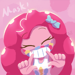 Size: 800x800 | Tagged: safe, artist:howxu, pinkie pie, equestria girls, coronavirus, covid-19, eyes closed, face mask, female, mask, smiling, solo