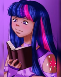 Size: 1080x1350 | Tagged: safe, alternate version, artist:serychanxx, twilight sparkle, human, alternative cutie mark placement, book, bust, clothes, dark skin, female, humanized