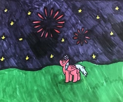 Size: 1280x1056 | Tagged: safe, artist:whistle blossom, cozy glow, alicorn, pony, a better ending for cozy, alicornified, alternate universe, butt, cozy glutes, cozybetes, cozycorn, cute, female, filly, fireworks, foal, marker drawing, night, night sky, plot, race swap, sky, solo, stars, traditional art, whistleverse