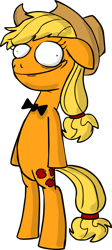 Size: 896x2000 | Tagged: safe, artist:piemations, derpibooru import, applejack, earth pony, pony, semi-anthro, bowtie, creepy, creepy smile, floppy ears, simple background, smiling, solo, transparent background, wall eyed