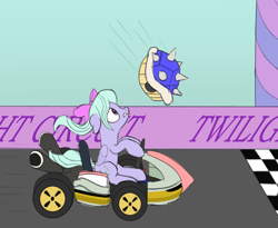 Size: 1650x1350 | Tagged: safe, artist:nitei, flitter, pegasus, pony, atg 2020, blue shell, bowser, female, finish line, kart, looking up, mare, mario kart, newbie artist training grounds, solo