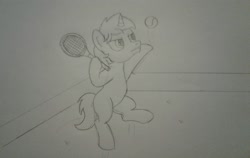 Size: 2436x1536 | Tagged: safe, artist:peternators, oc, oc only, oc:heroic armour, pony, unicorn, colt, male, monochrome, sketch, sports, teenager, tennis, tennis ball, tennis racket, traditional art