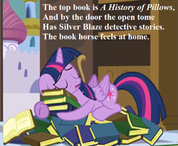 Size: 803x657 | Tagged: safe, edit, edited screencap, screencap, twilight sparkle, twilight sparkle (alicorn), alicorn, princess spike (episode), book, book nest, bookhorse, canterlot, cropped, cute, poem, sleeping, text, that pony sure does love books, twiabetes