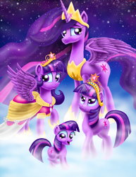 Size: 2550x3300 | Tagged: safe, artist:jac59col, princess twilight 2.0, twilight sparkle, twilight sparkle (alicorn), unicorn twilight, alicorn, pony, unicorn, the last problem, age progression, big crown thingy, big crown thingy 2.0, big crown thingy 3.0, clothes, coronation dress, crown, dress, element of magic, female, filly, filly twilight sparkle, high res, hoof shoes, jewelry, mare, mist, multeity, peytral, regalia, self ponidox, sky, smiling, sparkle sparkle sparkle, spread wings, stars, time paradox, wings, younger