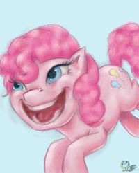 Size: 1200x1500 | Tagged: safe, artist:silver7aqua, derpibooru import, pinkie pie, earth pony, pony, blue background, female, grin, mare, open mouth, ponk, simple background, smiling, solo