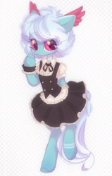 Size: 1300x2048 | Tagged: safe, artist:vanilla, oc, oc only, oc:angela de medici, pony, semi-anthro, apron, clothes, dress, ear feathers, female, looking at you, maid, mare, solo