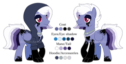 Size: 3736x1913 | Tagged: safe, artist:midnightamber, oc, oc only, oc:inky depths, pegasus, pony, chain necklace, clothes, eyeshadow, hoodie, ink, makeup, multicolored hair, muticolored tail, reference sheet, simple background, solo, transparent background