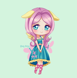 Size: 1200x1220 | Tagged: safe, artist:himo, derpibooru import, fluttershy, human, :>, clothes, cute, cutie mark background, dress, eared humanization, female, floppy ears, green background, humanized, kotobukiya, kotobukiya fluttershy, pixiv, shyabetes, simple background, solo, winged humanization, wings