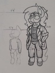 Size: 2101x2801 | Tagged: safe, artist:drheartdoodles, oc, oc only, oc:dr.heart, anthro, unguligrade anthro, clothes, clydesdale, hands in pockets, male, monochrome, size difference, solo, stallion, traditional art