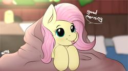 Size: 10326x5775 | Tagged: safe, artist:almond evergrow, derpibooru import, fluttershy, pegasus, pony, :p, absurd resolution, blanket, blankie, blepping, blushing, bust, cute, dialogue, female, good morning, indoors, mare, mlem, room, shyabetes, silly, smiling, solo, tongue out, weapons-grade cute