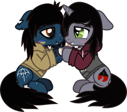 Size: 1344x1196 | Tagged: safe, artist:lightningbolt, derpibooru exclusive, oc, oc only, earth pony, pony, undead, unicorn, zombie, zombie pony, .svg available, bags under eyes, bloodshot eyes, blushing, bone, bring me the horizon, clothes, colored blushing, colored pupils, colored sclera, disguise, disguised siren, drop dead clothing, fangs, floppy ears, gay, holding hooves, hoodie, horn, kellin quinn, lip piercing, looking at each other, male, oliver sykes, piercing, ponified, scar, shipping, simple background, sitting, sleeping with sirens, slit eyes, stallion, stitches, svg, tattoo, tongue out, torn ear, transparent background, vector