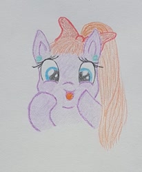 Size: 546x664 | Tagged: safe, artist:zosma-art, oc, pony, bow, cute, ear piercing, earring, female, happy, jewelry, mare, piercing, ponytail, solo, traditional art