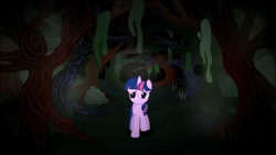 Size: 1360x765 | Tagged: safe, screencap, twilight sparkle, unicorn twilight, pony, unicorn, bush, female, forest, grass, journey of the spark, limping, looking around, mare, messy mane, mist, moss, night, scar, scared, solo, tree