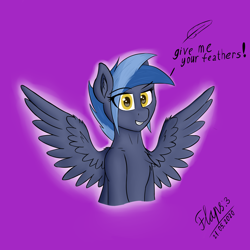 Size: 3000x3000 | Tagged: safe, artist:flapstune, oc, oc:pixi feather, pegasus, pony, bust, colored pupils, dialogue, feather, female, golden eyes, human shoulders, mare, purple background, signature, simple background, smiling, solo, spread wings, wings