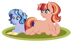 Size: 2548x1512 | Tagged: safe, artist:rosebuddity, oc, oc only, oc:dawn, oc:stella, pony, unicorn, book, female, filly, magical lesbian spawn, mare, offspring, parent:sunset shimmer, parent:twilight sparkle, parents:sunsetsparkle, prone, siblings, simple background, sisters, transparent background