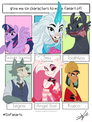 Size: 720x960 | Tagged: safe, artist:loudcatmakesnoises, twilight sparkle, twilight sparkle (alicorn), alicorn, anthro, dragon, pony, unicorn, wolf, angel dust, anthro with ponies, beastars, clothes, crossover, curved horn, female, hazbin hotel, horn, how to train your dragon, kuzco, legosi (beastars), male, mare, necktie, open mouth, raya and the last dragon, sisu, six fanarts, smiling, the emperor's new groove, tongue out, toothless the dragon