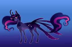 Size: 5100x3300 | Tagged: safe, artist:turnipberry, oc, oc only, oc:star chart, pony, unicorn, blue background, colored hooves, commission, curved horn, dappled, ear tufts, ethereal mane, female, horn, leonine tail, magical lesbian spawn, mare, next generation, offspring, parent:princess luna, parent:twilight sparkle, parents:twiluna, realistic horse legs, simple background, solo, starry mane, tail feathers