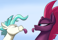 Size: 1600x1100 | Tagged: safe, artist:rocket-lawnchair, tempest shadow, terramar, hippogriff, pony, unicorn, broken horn, duo, female, horn, male, mare, mlem, silly, tongue out