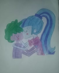 Size: 1996x2471 | Tagged: artist needed, safe, sonata dusk, spike, equestria girls, blushing, female, hug, human spike, kissing, male, shipping, spikelove, spinata, straight, traditional art