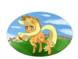 Size: 4000x3000 | Tagged: safe, artist:tomat-in-cup, derpibooru import, applejack, earth pony, pony, cloud, fence, hat, outdoors, raised hoof, simple background, solo, transparent background