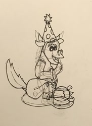 Size: 1120x1537 | Tagged: safe, artist:whistle blossom, lord tirek, belly button, cake, cloven hooves, cute, flower, flower in hair, food, hat, lineart, male, monochrome, open mouth, party hat, propeller hat, simple background, sitting, sketch, smiling, solo, tirebetes, traditional art, white background, young tirek, younger