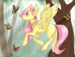 Size: 1280x983 | Tagged: safe, artist:yshanii, derpibooru import, fluttershy, butterfly, pegasus, pony, amazed, blank flank, crepuscular rays, cute, female, filly, filly fluttershy, flying, forest, looking at something, looking up, open mouth, outdoors, profile, shyabetes, solo, spread wings, stray strand, tree, wings, younger