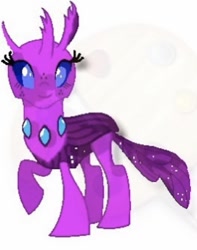 Size: 592x752 | Tagged: safe, artist:whistle blossom, oc, oc:exo the changeling, changedling, changeling, changedling oc, changeling oc, cute, digital art, exobetes, female, freckles, looking at something, obtrusive watermark, one hoof raised, simple background, smiling, solo, teenager, watermark, white background