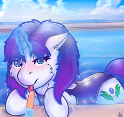 Size: 3428x3246 | Tagged: safe, artist:legionsunite, oc, oc:magenta pulse, pony, unicorn, adorasexy, beach view, bedroom eyes, blushing, clothes, cute, female, food, licking, magic, mare, one-piece swimsuit, popsicle, sexy, solo, swimming pool, swimsuit, tongue out, water