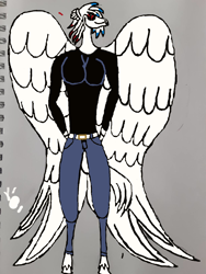 Size: 1224x1632 | Tagged: safe, artist:makarosc, oc, oc:tempest thrasher, anthro, hippogriff, clothes, hippogriff oc, jeans, pants, solo