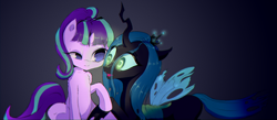 Size: 2000x870 | Tagged: safe, artist:mistleinn, derpibooru import, queen chrysalis, starlight glimmer, changeling, changeling queen, unicorn, female, open mouth