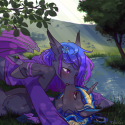 Size: 1000x1000 | Tagged: safe, artist:lunarlacepony, oc, oc only, oc:grey, oc:rapid shadow, bat pony, pony, unicorn, blushing, clothes, crepuscular rays, cute, dappled sunlight, femboy, flower, flower in hair, gay, hoodie, hug, kissing, looking at each other, loose hair, male, nature, oc x oc, on back, river, scarf, shipping, tree, water, wings