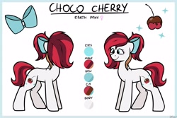 Size: 3000x2000 | Tagged: safe, artist:jellysiek, oc, oc:choco cherry, earth pony, pony, bow, cherry, food, reference sheet, simple background, solo