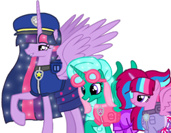 Size: 1330x1038 | Tagged: safe, artist:徐詩珮, derpibooru import, glitter drops, princess twilight 2.0, twilight sparkle, twilight sparkle (alicorn), oc, oc:bubble sparkle, alicorn, series:sprglitemplight diary, series:sprglitemplight life jacket days, series:springshadowdrops diary, series:springshadowdrops life jacket days, the last problem, alicornified, alternate universe, base used, bubbleverse, chase (paw patrol), clothes, female, glittercorn, glitterlight, lesbian, magical lesbian spawn, magical threesome spawn, mother and child, mother and daughter, multiple parents, next generation, offspring, older, older glitter drops, older twilight, parent and child, parent:glitter drops, parent:spring rain, parent:tempest shadow, parent:twilight sparkle, parents:glittershadow, parents:sprglitemplight, parents:springdrops, parents:springshadow, parents:springshadowdrops, paw patrol, race swap, shipping, simple background, skye (paw patrol), transparent background, ultimate twilight