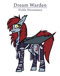 Size: 800x1020 | Tagged: safe, artist:jykinturah, oc, oc only, oc:fickle dissonance, bat pony, pony, bat pony oc, bat wings, clothes, fangs, female, jewelry, mare, necklace, robes, solo, text, wings