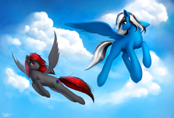 Size: 1024x698 | Tagged: safe, artist:l1nkoln, derpibooru import, oc, oc:buffonsmash, oc:dicemare, amazing, art, background, beautiful, black, black and red, black and white, blank flank, blue oc, blue sky, cloud, commission, couple, cute, cutiemarking, digital, digital art, duo, female, flying, freckles, grayscale, green eyes, male, mare, monochrome, painted, pretty, red, red eyes, shaded art, shading, spread wings, spreaded wings, stallion, white, wings