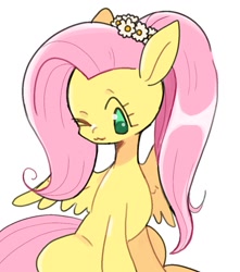 Size: 1011x1144 | Tagged: safe, artist:mesqrit, derpibooru import, fluttershy, pegasus, pony, :3, alternate hairstyle, cute, female, flower, flower in hair, mare, no pupils, one eye closed, ponytail, shyabetes, simple background, sitting, solo, white background, wink