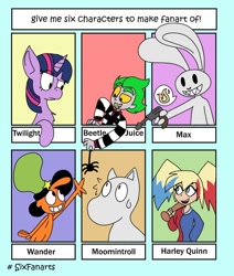 Size: 828x978 | Tagged: safe, artist:diggity_duck, derpibooru import, twilight sparkle, unicorn twilight, anthro, human, pony, rabbit, spider, unicorn, :d, animal, anthro with ponies, baseball bat, beetlejuice, bust, clothes, crossover, dc comics, female, grin, gun, harley quinn, hat, male, mare, moomins, open mouth, pictogram, sam and max, six fanarts, smiling, sweat, wander over yonder, weapon