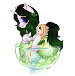 Size: 3147x3219 | Tagged: safe, artist:caramisha, oc, oc only, oc:vex vixen, pony, unicorn, black and green, black rose, cute, ear fluff, ears, female, food, glass, ice cream, mare, mint ice cream, moon, peppermint, signature, simple background, solo, white background