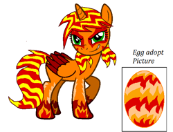 Size: 638x488 | Tagged: safe, artist:davaba19, derpibooru import, oc, oc only, oc:magma drop, alicorn, pony, alicorn oc, egg, horn, raised hoof, simple background, smiling, smirk, solo, two toned wings, white background, wings