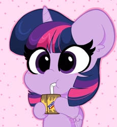 Size: 1150x1250 | Tagged: safe, artist:kittyrosie, derpibooru import, twilight sparkle, twilight sparkle (alicorn), alicorn, pony, cute, drink, drinking, female, juice, juice box, mare, pink background, simple background, solo, straw, twiabetes, yoohoo